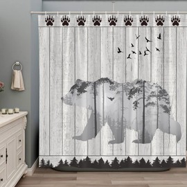 Bear Rustic Shower Curtain for Bathroom Wildlife Animal Cabin Farmhouse Wood Planks Country Lodge Claws Print Retro Farm Bathroom Decor Polyester Curtains Set with Hooks 70Wx70H Inch