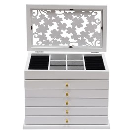 YIYIONCE 6-Tiers Wooden Jewelry Box, 5-Drawers Organizer Box for Ladies, Retro Style Jewelry Storage Box, Upgrade Solild Wood Jewelry Drawers for Necklace or Ring Christmas Gift (White)| US STOCK