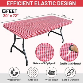 Casperhills Table Cover, Elastic Fitted Flannel Backed Rectangular Vinyl Table Cloths 6ft Folding Table, Waterproof & Wipeable for Indoor, Outdoor, Picnic & Camping (Table 30"x72") (Checkered RED)