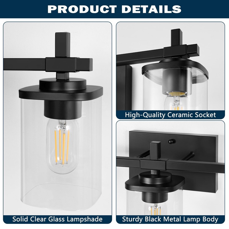 Spiglamm 3-Lights Bathroom Vanity Light Fixtures, Modern Black Vanity Lights