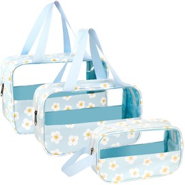 LEcylankEr Cosmetic Bag Transparent Pack of 3, Waterproof PVC Toiletry Bag for Women, Lightweight Makeup Bag for Cosmetics, Toiletry Bag Travel Set, Printed-Blue, Modern