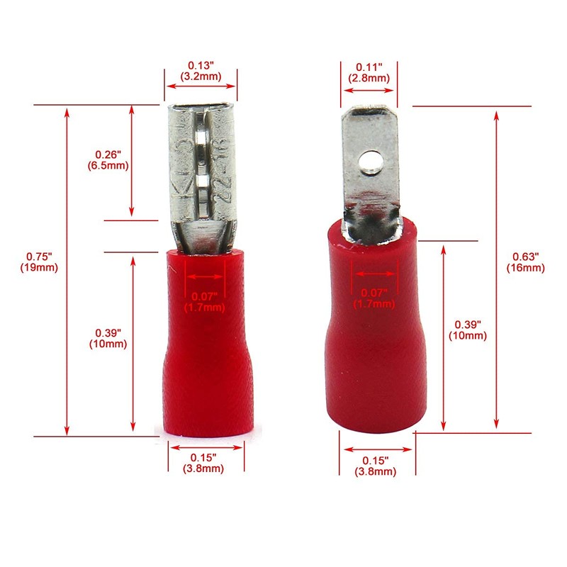 Baomain 0.11" Female & Male Spade Connectors 22-16 AWG Insulated