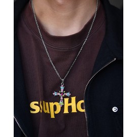 Abitoncc Y2k Gothic Cross Necklace for Women Men Jewelry, Colorful Crystal Cross Pendant Punk Thorns Metal Necklace
