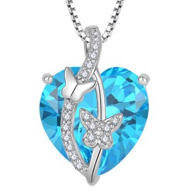BELRYO Butterfly Necklace 925 Sterling Silver Heart March Birthstone Aquamarine Butterfly Necklace Created Gemstone Pendant Jewelry Gifts for Women