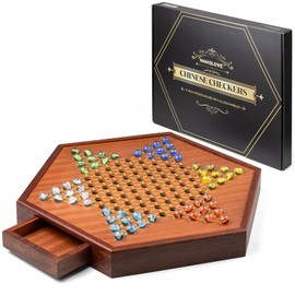 VAMSLOVE Large 17" Chinese Checkers Board Game for 2-6 Player Wooden Game Board, 16mm 60+12 Colorful Glass Marbles, Easy Grasping for Adults and Kids, w/Storage Drawer, Fun for Family Gathering