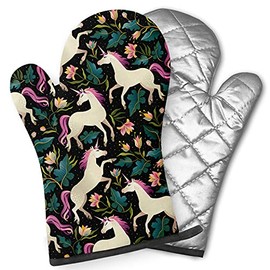Pairs of Decorative Oven Mitts, Heat Resistant Kitchen Gloves for Cooking, Baking, Grilling (Unicorns On Dark Fairy)