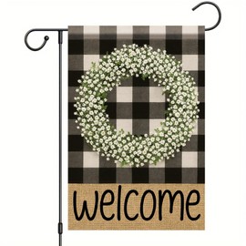 Buffalo Plaid Welcome Wreath Garden Flag Daisy Flower Floral Flag 12x 18 Inch Double Sided Spring Outdoor Fall Autumn Farmhouse Outdoor Small Decor for Porch Lawn Patio Yard