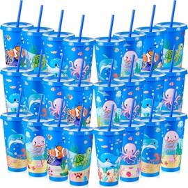Chuangdi 24 Pcs Under The Sea Party Cups 24 oz Reusable Plastic Tumblers with Lids and Straws Themed Drinking Cups for Birthday Decorations Ocean Sea Party Favors Supplies Gifts