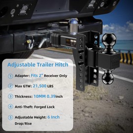 Govlvet Adjustable Trailer Hitch -Drop Hitch (Fits 2-Inch Receiver) - Heavy Duty Tow Hitch with 6-Inch Drop/Rise, 2" & 2-5/16" Ball Hitches for Truck (21,500 LBS GTW) - w/Anti-Theft Hitch Locking Pins