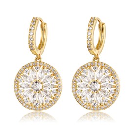 FOXNOV Gold Hoops Earrings for Women Lightweight Hypoallergenic Earrings, Crystal Flower Dangle Earrings for Women, 14K Gold-Plated Huggie Hoops with Cubic Zirconia, Round Medallion Design, Earrings for Women Trendy