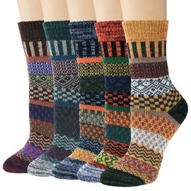 Loritta 5 Pairs Wool Socks for Women Winter Warm Socks Thick Knit Cabin Crew Soft Boot Socks Gifts,G-Square