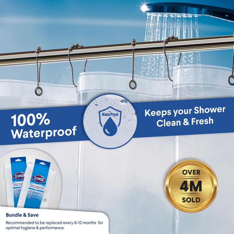 CLOROX Shower Curtain Liner, Premium Medium-Weight Durable Waterproof 6g PEVA