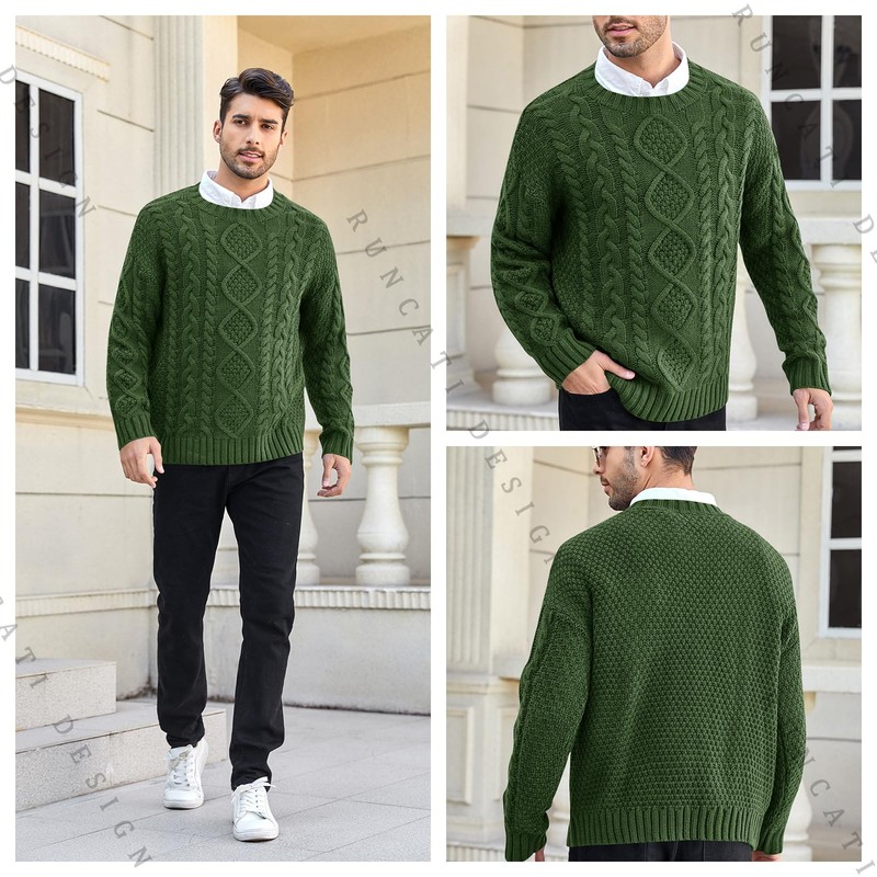 Runcati Men's Chunky Knit Cable Knit Pullover Autumn Winter Crew