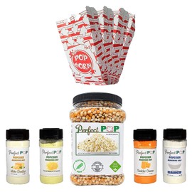 Perfect Stix Xmas popcorn kit. 2lbs of yellow kernels. includes four seasonings and 25 popcorn bags. Non GMO