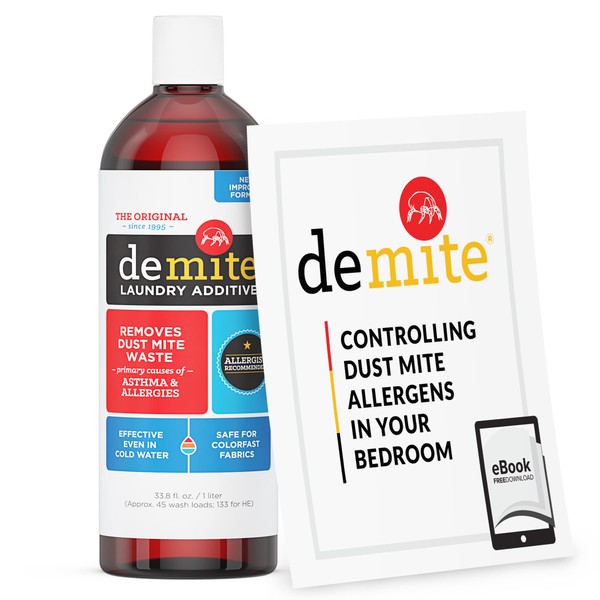 DeMite Laundry Additive - Dust Mite Waste Remover for Allergy Relief, Mites Waste Treatment for Bedding & Clothes, Safe Around Children and Pets, Gentle Formula for Use with Any Laundry Detergent Soap, Fragrance-Free, 1 Liter