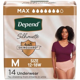 Ropa interior para mujeres adultas Depend Silhouette para incontinencia y pérdidas de vejiga posparto, máxima absorción, mediana, rosa, 14 unidades (el empaque puede variar)