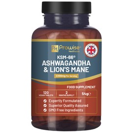 KSM-66 Ashwagandha and Lion Mane Tablets - High Dose 2200mg | KSM-66 Ashwagandha Root Extract and Lion Mane Mushroom Extract - 120 Vegan Tablets with Black Pepper - Made in Bulk