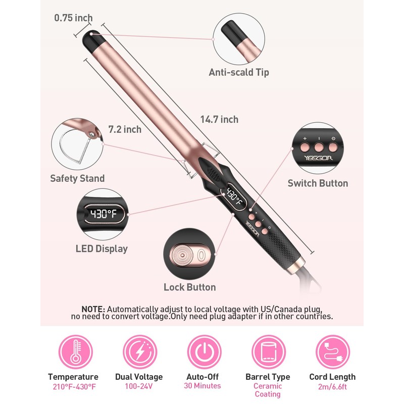 YEEGOR 3/4 inch Curling Iron,Extra Long Barrel Culing Wannd,100-240V Dual