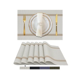 excovip White Placemats Set of 6 - Washable Easy Clean Vinyl Placemats - Heat Resistant PVC Place Mats - Table Mats for Dining Table (White Gold Arrow Pattern)