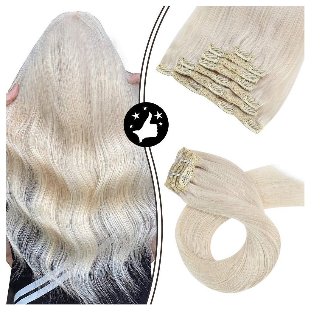 Moresoo Clip in Hair Extensions Human Hair 14 Inch Blonde Hair Extensions Clip in Human Hair Natural Hair Clip Extensions Color #60A White Blonde Clip in Human Hair Extensions 5pcs/70g Lace Weft