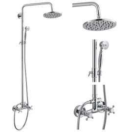 Dual Functions Exposed Pipe Shower System Round 8 Inch Rainfall Shower Head Brass Fixture Combo Set Two Handles Bathroom Shower Faucet Adjustable Showerhead Bar,Polished Chrome