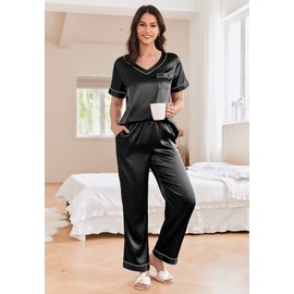Ekouaer Women Nightwear Satin Two Piece Short Sleeve and Long Pant Pajama Set Summer Sleepwear Silk Pj Sets Cute Black S