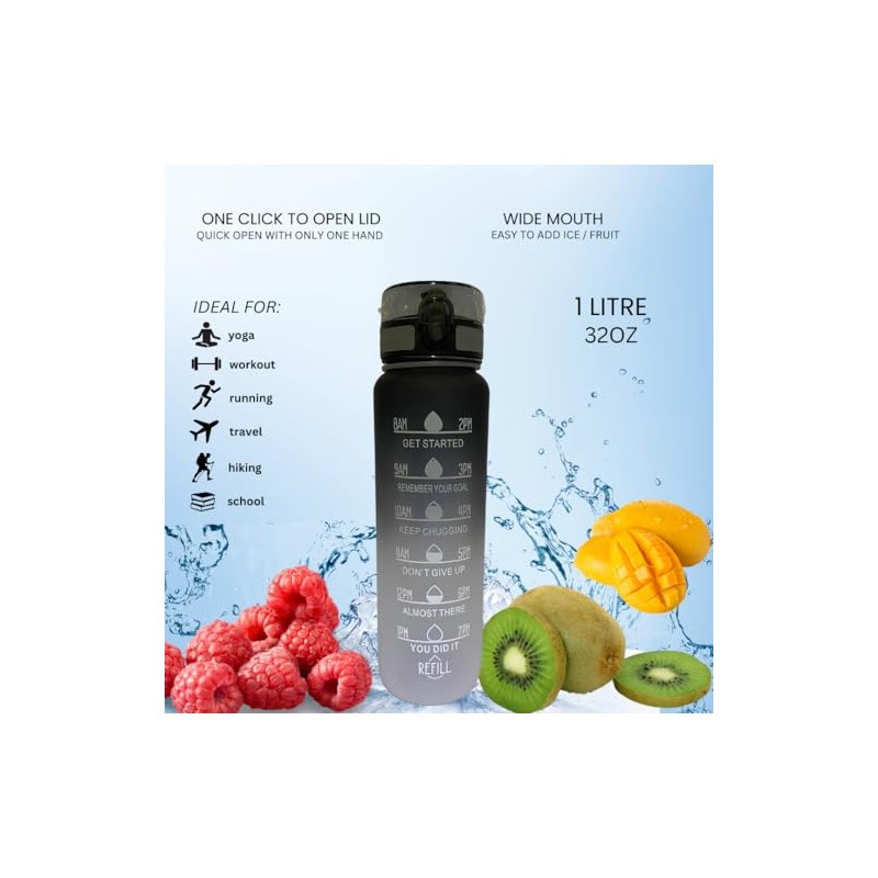 Sports Water Bottle 1L / 32OZ, BPA-Free, Motivational with Time