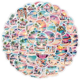 Pack of 50 Beach Stickers Pack Beach Sticker Set Waterproof Vinyl Stickers for Laptop Children Cars Motorcycle Bicycle Skateboard Luggage Suitcase Computer Sticker Graffiti Decal