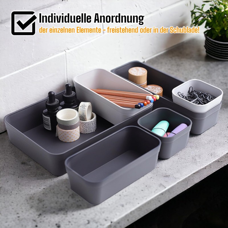 1x Drawer Organiser Set, Storage Box, One-Piece, Adjustable, Light Grey