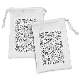 Ambesonne Video Games Fabric Pouch Set of 2, Monochrome Sketch Style Gaming Design Racing Monitor Device Gadget Teen 90's, Small Drawstring Bag for Toiletries Masks and Favors, 9" x 6", Black White