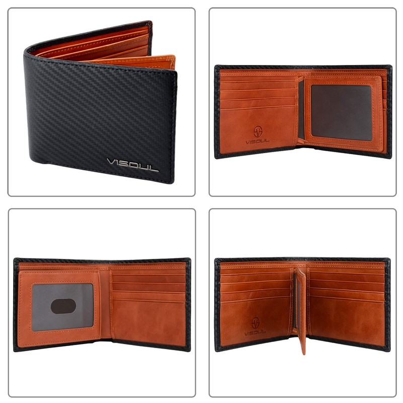 VISOUL Men's Wallet, Genuine Leather, Holds 12 Cards, Carbon Leather,
