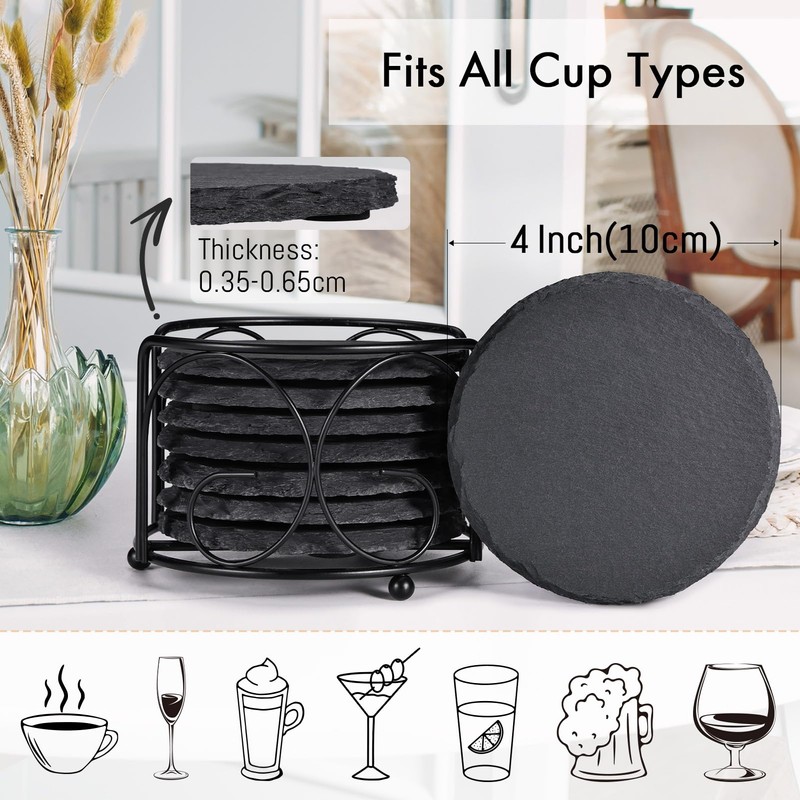 Slate Drink Coasters with Metal Holder, GOH DODD Set of