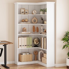 IDEALHOUSE Corner Bookshelf 72.8in Farmhouse Bookcase Large Bookshelves Wood Bookcase Tall 5 Tier Corner Shelf L Shaped Bookshelf Living Room Bedroom