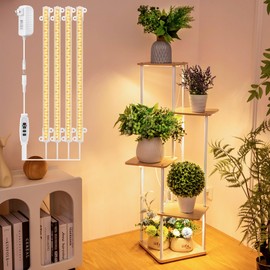 Dreyoo Plant Stand with Grow Light Indoor, 5 Tier 5 Potted Sturdy Metal Plant Shelf, Multiple Plant Holder Tall Plant Ladder for Display Plant Flower Corner Living Room Office (White, Wood Color)