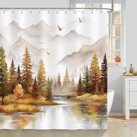 Bonhause Shower Curtain Misty Forest Watercolour Tree Mountain Nature Orange Shower Curtains 180 x 180 cm Anti-Mould Waterproof Polyester Fabric Washable Bathroom Curtain for Bathroom with 12 Hooks