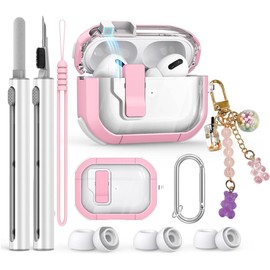 Alomia Funda Uso Compatible con AirPods Pro 2 para Mujeres. Funda con Bloqueo de Seguridad. Protege de caídas, rayones y Polvo. Incluye Charms, Kit de Limpieza y 3 Pares de Almohadillas. (Color Rosa)