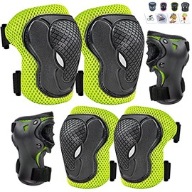 GTSBROS Kids/Youth Protective Gear, Knee Pads and Elbow Pads 6 in 1 Set with Wrist Guard and Adjustable Strap for Roller Skates Cycling BMX Bike Skateboard Inline Skatings Scooter Riding Sports(Green)