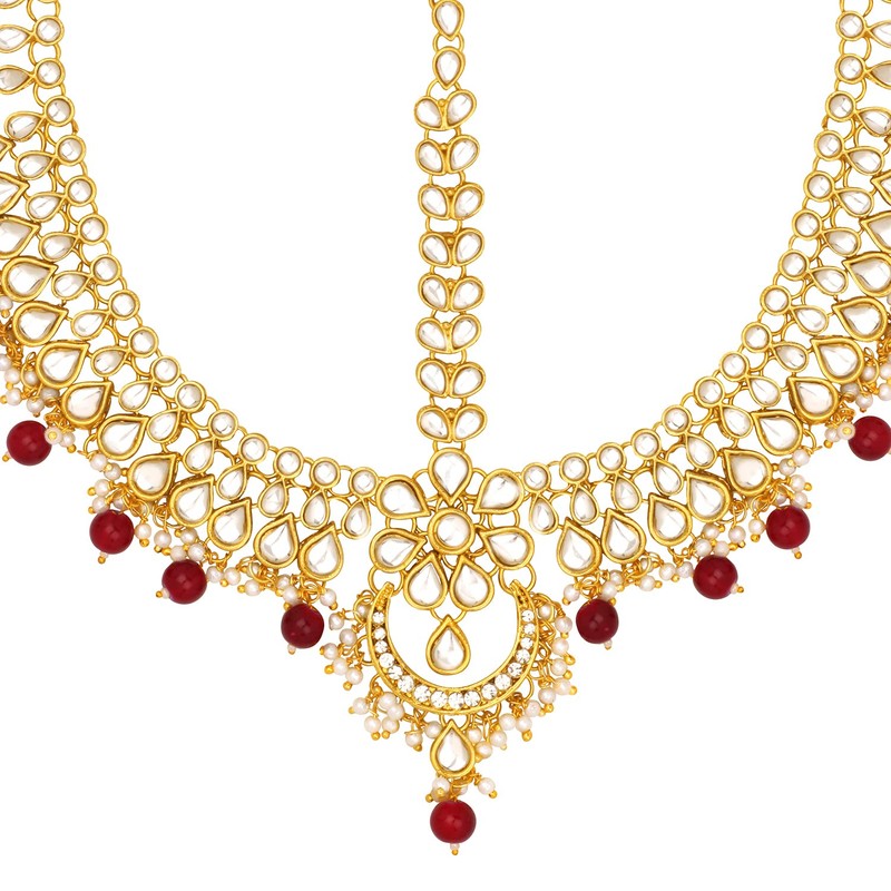 Aheli tradicional chapado en oro rojo Kundan Pearl Maang Tikka