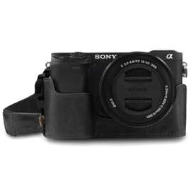 MegaGear MG1641 EVER READY BLACK GENUINE LEATHER CAMERA CASE COVER FOR SONY ALPHA A6100 A6400
