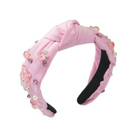 Mixcbe Cute Easter Bunny Jeweled Knotted Headband - Peeps Rabbits Rhinestone Pearl Carrot Embellished Pink Headband Wide Top Knot Hairband Hair Accessories Easter Spring Birthday Gift for Women