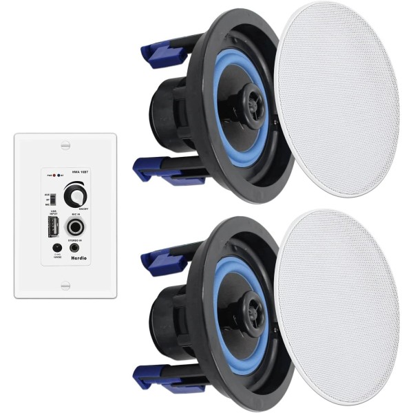 Herdio 4" 160W 2 Kitchen Ceiling Speakers+Wall Mount Bluetooth Amplifier