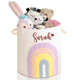 Kids Laundry Basket with Embroidered Name, Custom Name Kids Laundry Hamper Toy Storage Bin for Boys & Girls Room Decor Baby Nursery Hamper Gift Baskets for Bedroom, Bathroom - Rainbow