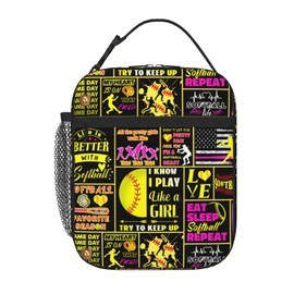 LEKEFLOW Portable Softball Lunch Tote Bag for Kids Boys Girls, Thermal Insulated, Softball Theme, Unisex, Casual, Over 3 Years Old