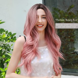 OUFEI Long Wavy Ombre Pink Wig for Women Natural Synthetic Hair Heat Resistant Ombre Wigs with Dark Roots for Daily Party Cosplay Wear