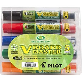 Pilot Vboard Master 43820, Marcadores para pizarrón blanco, estuche con 5 piezas de punta cincelada, colores negro, azul, rojo, verde y naranja
