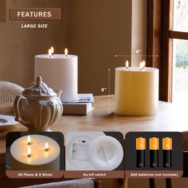 AFINETH Large Outdoor Candles with Remote Waterproof 6"x6" Flickering Flameless Candles with 3 Wicks Plastic Big Battery Operated Candle for Indoor Outdoor Use, White