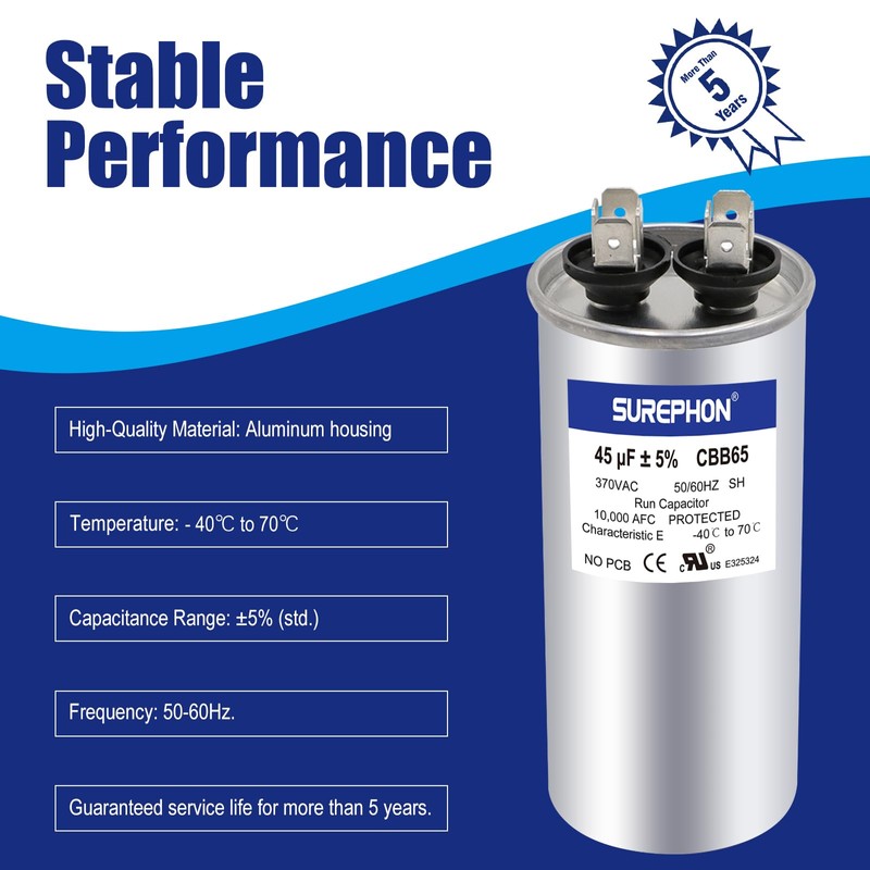SUREPHON 45 Mfd Capacitor 370V/440V Round Run Start Capacitor for