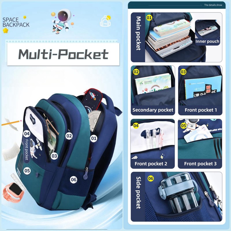 Space Childrens Backpacks for Boys, Multi-Pocket Astronaut Boys School Bags