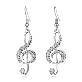 BIRSTONE Dazzling Czech Rhinestone Treble Clef Music Note Eighth Note Fish Hook Dangle Earrings (silver)