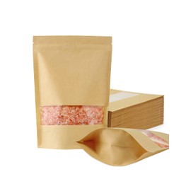 FireKylin 100 Pcs Brown Paper Bags with Window, 7.1" x 10.2" Stand Up Pouches Bags, Zipper Food Storage Bags for Packaging Products, Reusable, Sealable